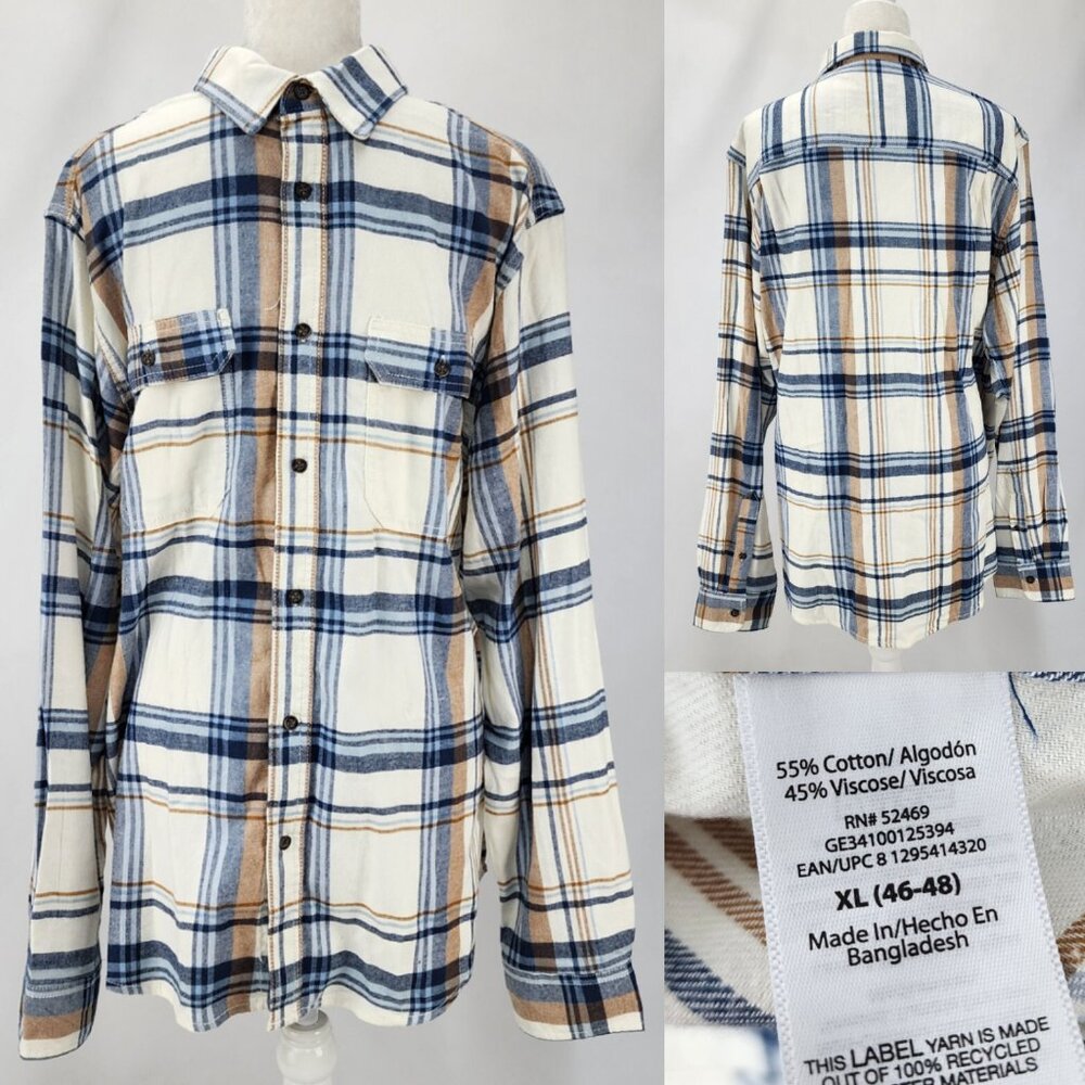 George Mens XL 46-48 Ivory Plaid Cotton Viscose Flannel Long Sleeve Button Shirt